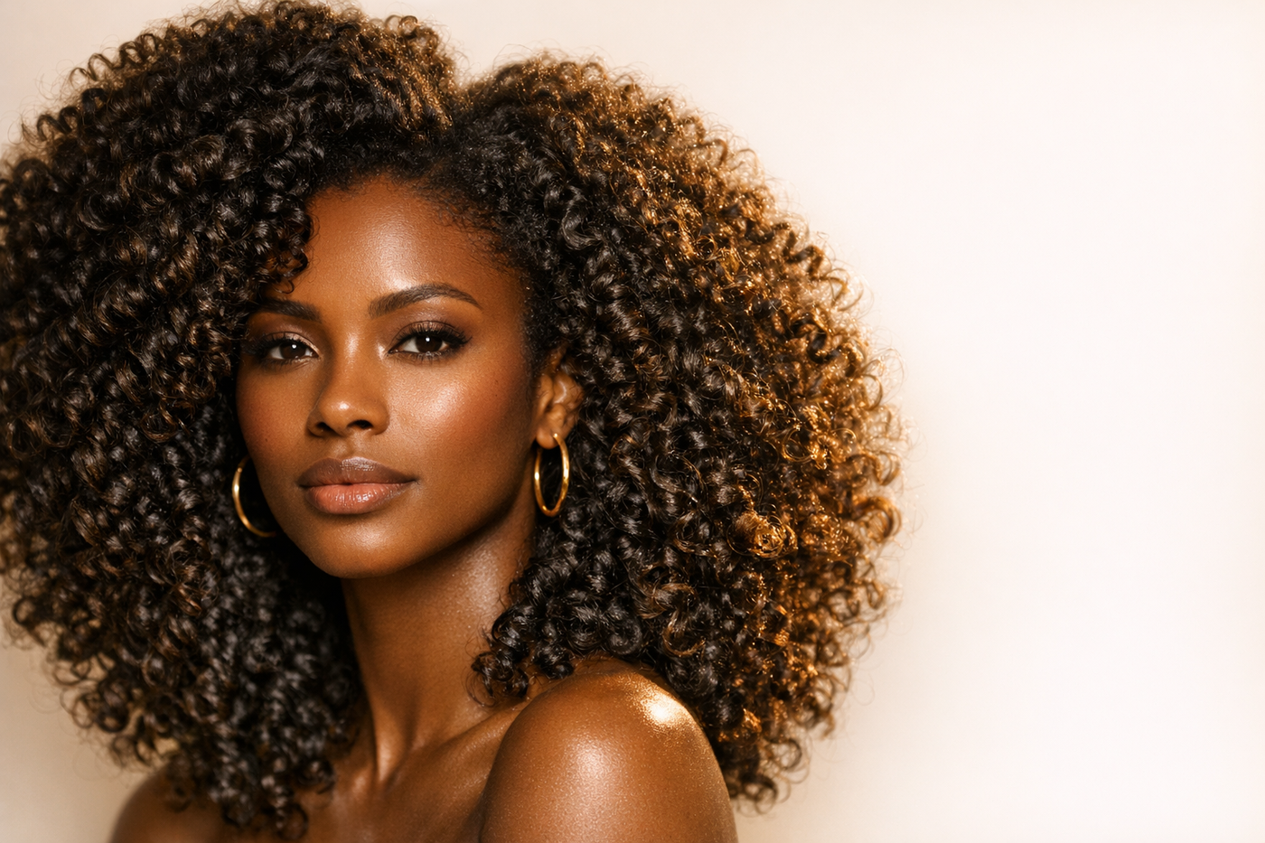 Mujer con rizos voluminosos tipo 4a, editorial Black Lorien