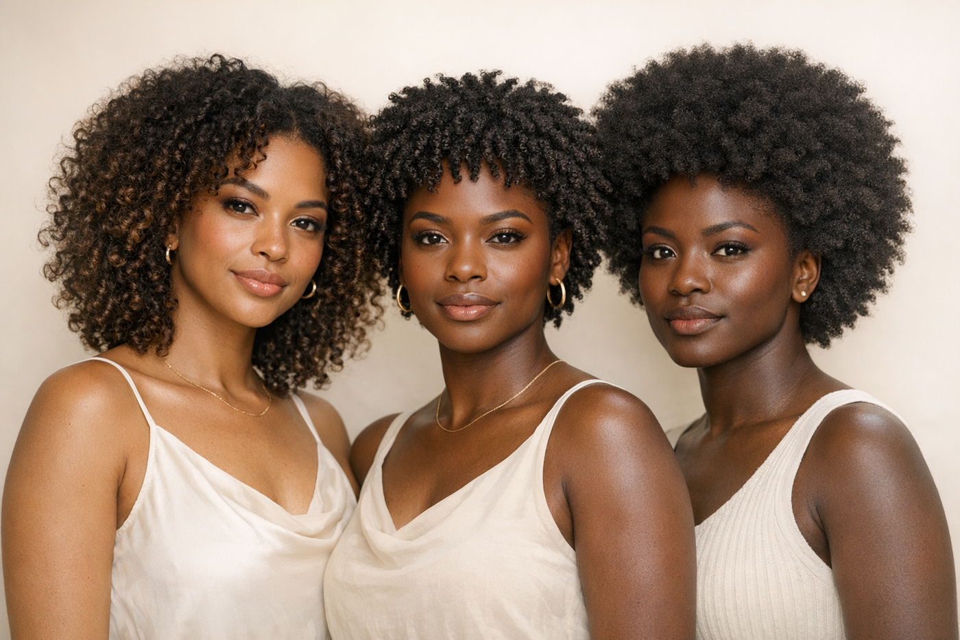 Three Black women with natural hair textures from 3B to 4C standing together — Black Lorien
