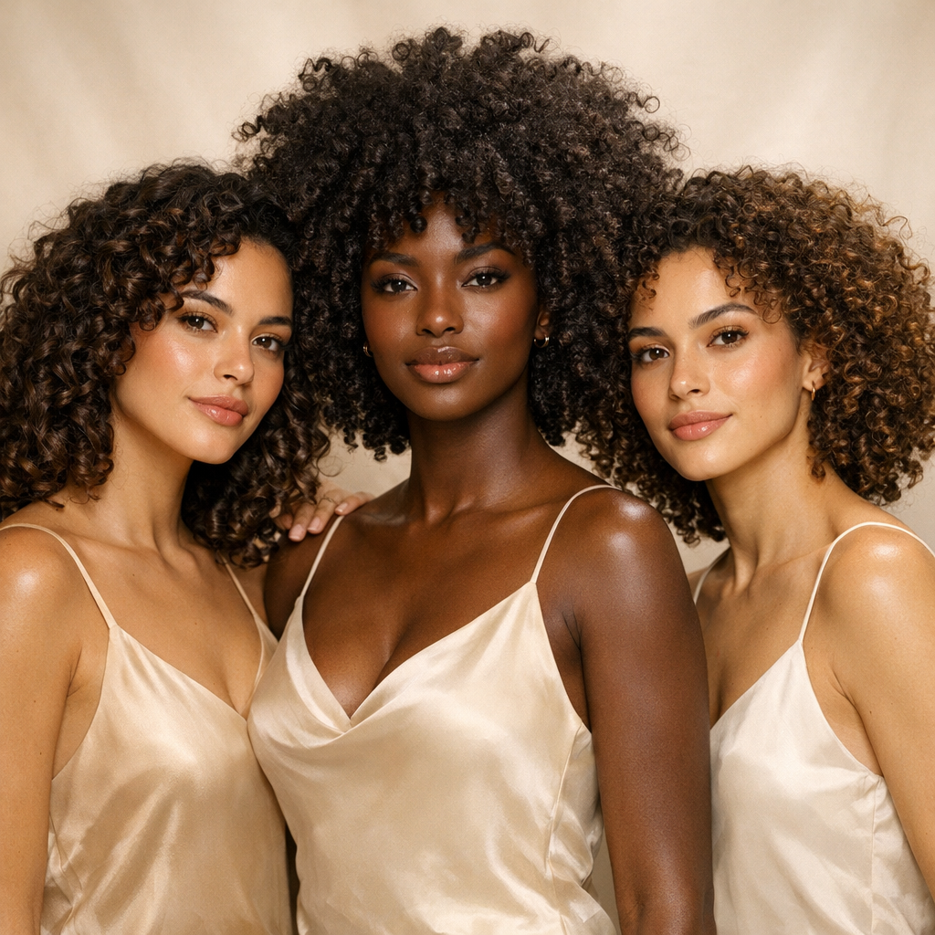 Tres mujeres con diversos tipos de rizos celebrando cabello natural
